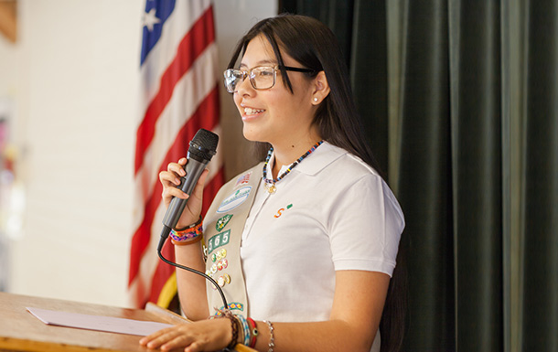 Gold Award Girl Scout making a speach